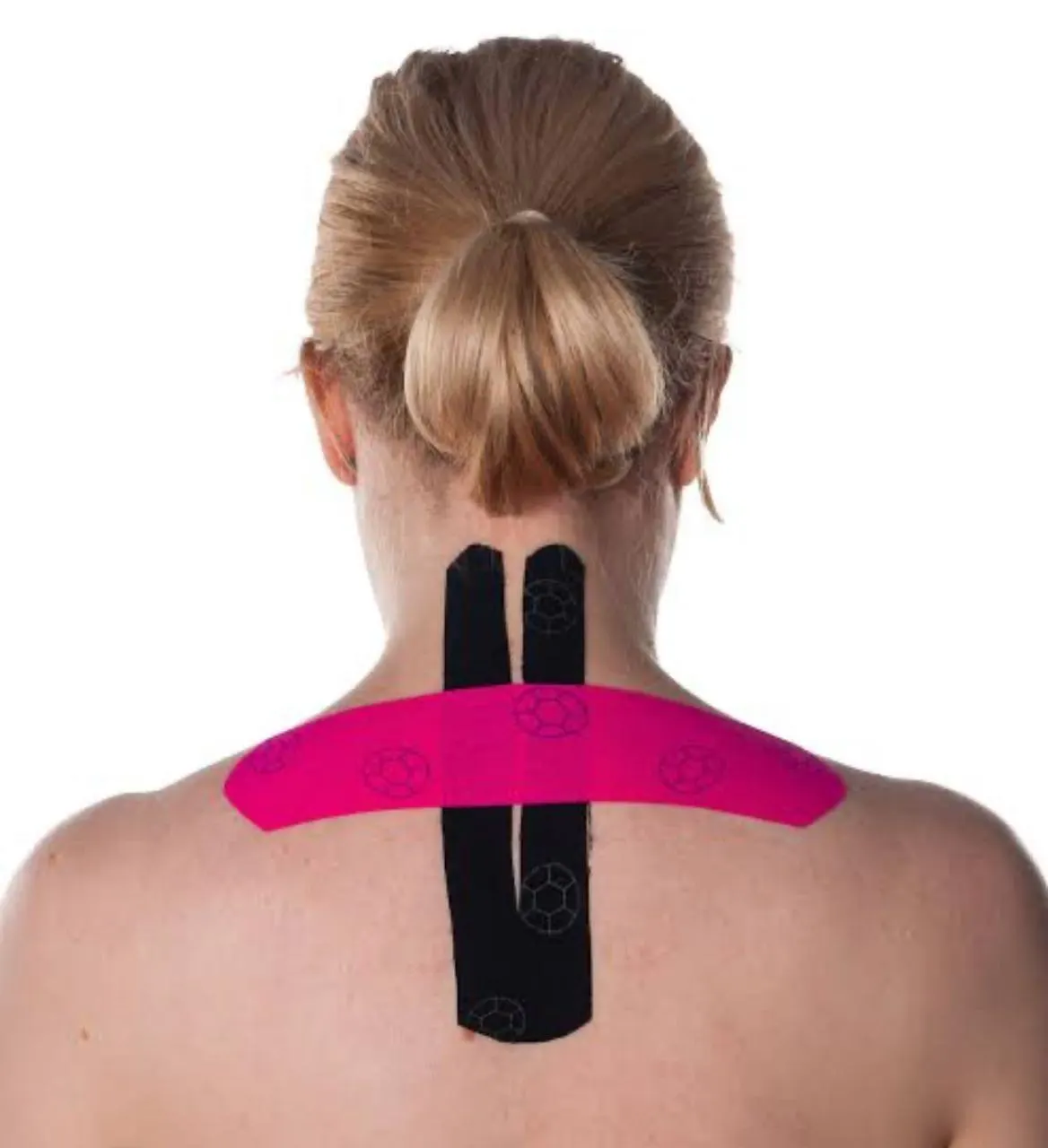 Kinesio taping applied to a patient's neck and shoulders